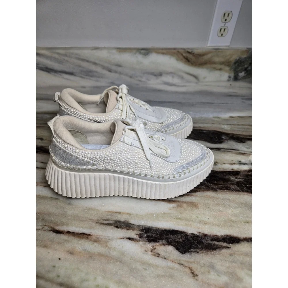 Dolce Vita Dolen Pearl Embellished Platform Sneakers Cream Silver Womens Shoes - Picture 4 of 10